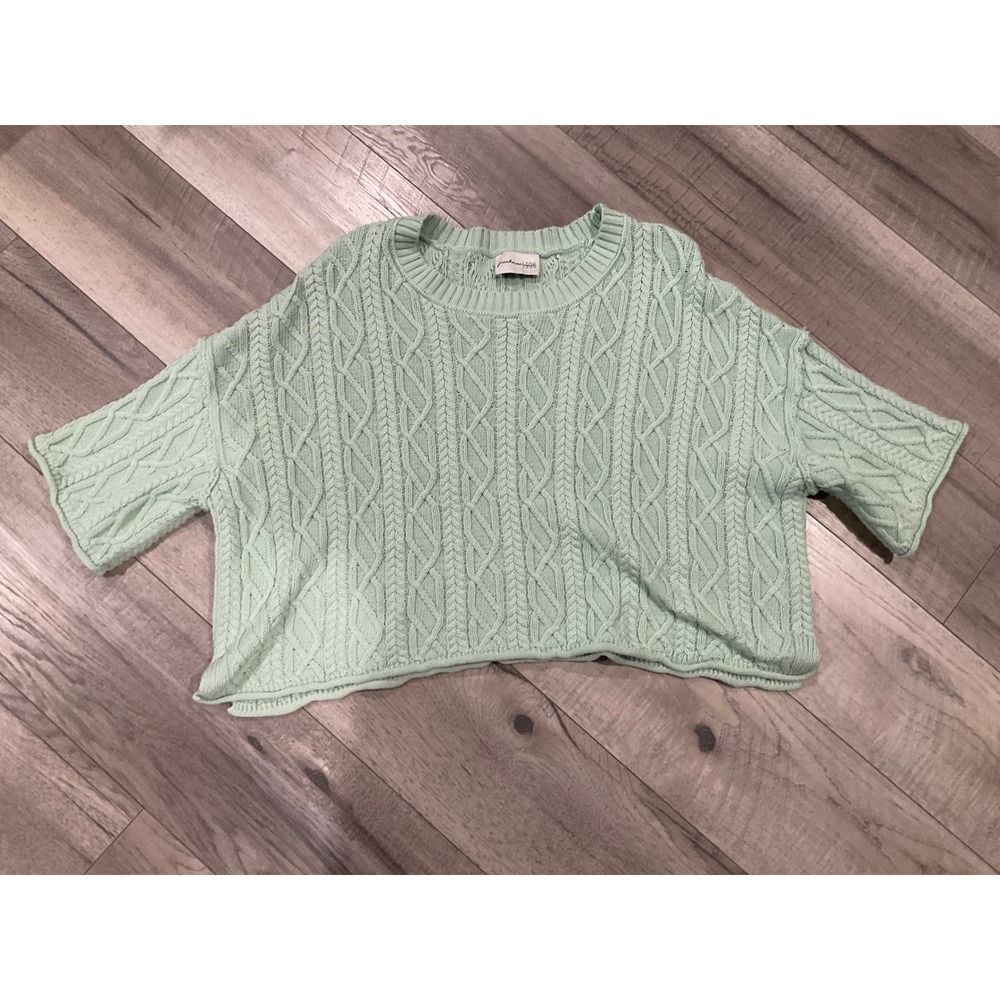 Freshman 1996‎ Mint Green Cable Knit Cropped Sweater Short Sleeve Oversized XL